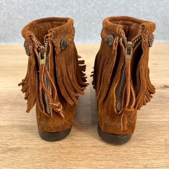 Minnetonka Womens Hi Top Back Zip Western Bootie Shoes Size 6 Brown Suede Fringe - Picture 5 of 11